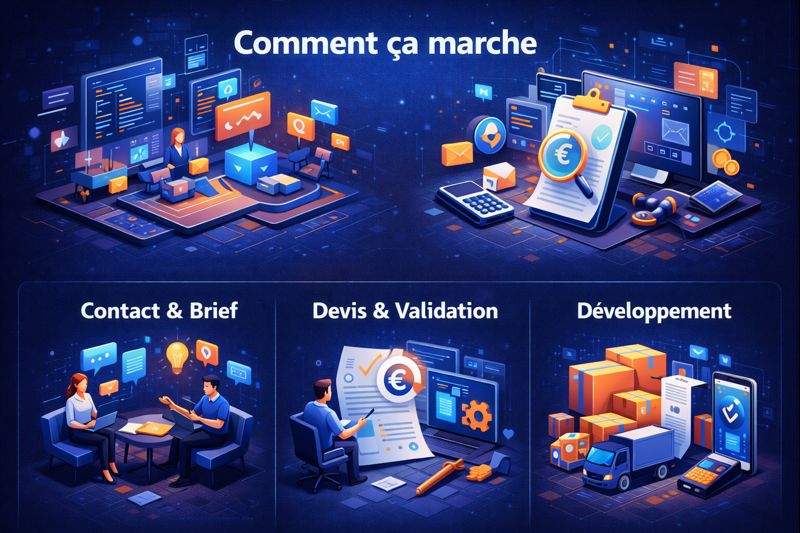 Comment ça marche Genicotik - Processus simple transparent idée déploiement contact devis développement livraison