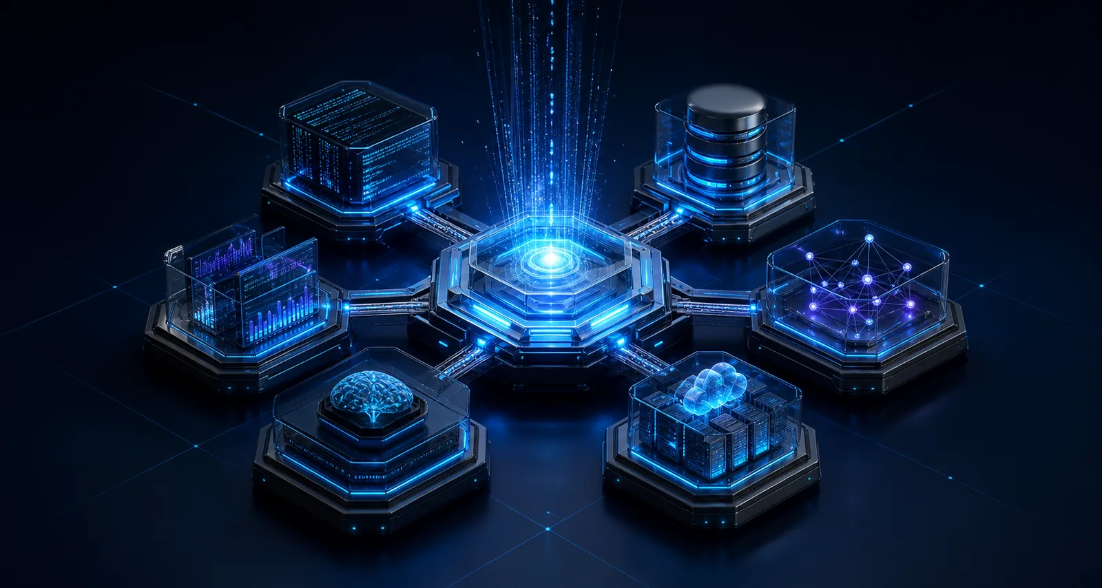 Écosystème technologique interconnecté : code, données, intelligence artificielle et infrastructure
